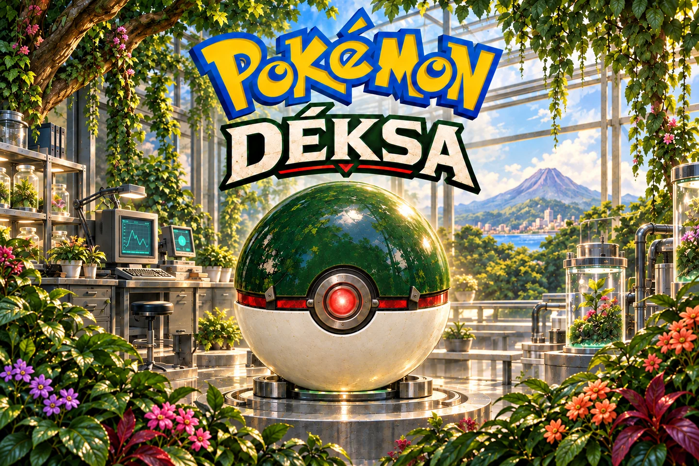 Pokémon Déksa cover art: a green Poké Ball in a sunlit biotechnology laboratory surrounded by plants and colorful flowers