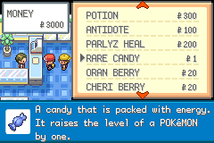 A Poké Mart selling Rare Candies for ₽1 and Berries